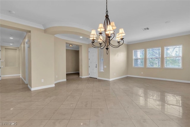 7505 Java Sparrow St, North Las Vegas, NV 89084 - empty room featuring ornamental molding, light tile patterned floors, a chandelier, baseboards, and arched walkways