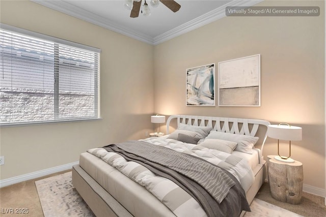 7505 Java Sparrow St, North Las Vegas, NV 89084 - bedroom featuring carpet flooring, baseboards, crown molding, and ceiling fan