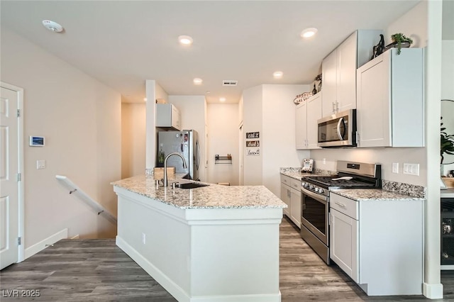 kitchen featuring stainless steel appliances, a sink, wood finished floors, light stone countertops, and recessed lighting