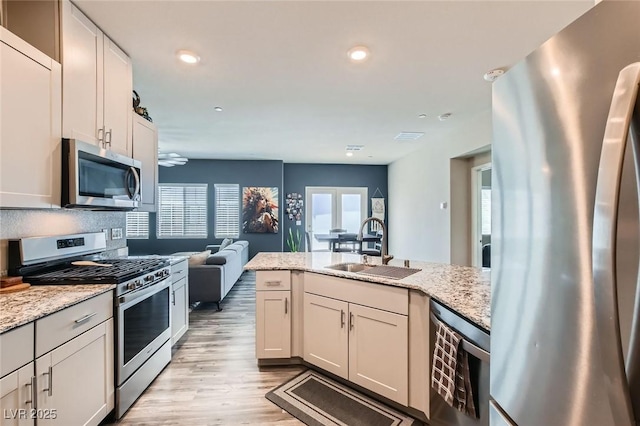 kitchen with appliances with stainless steel finishes, a sink, healthy amount of natural light, light wood-type flooring, and recessed lighting