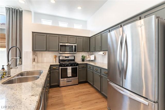 kitchen with stainless steel appliances, a sink, decorative backsplash, light stone countertops, and light wood-style floors