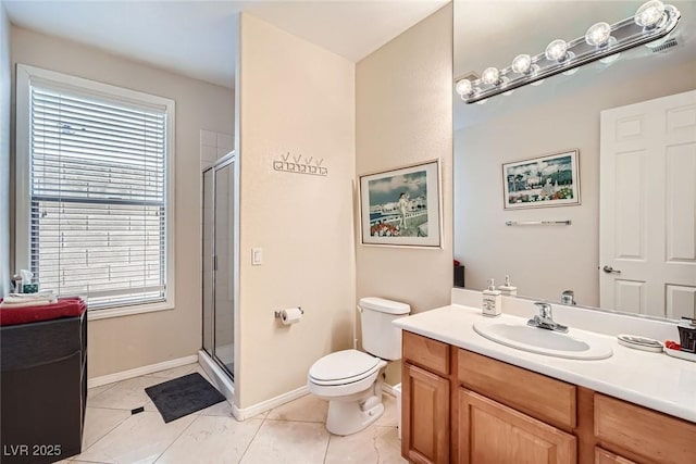 full bath featuring a shower stall, vanity, toilet, baseboards, and healthy amount of natural light