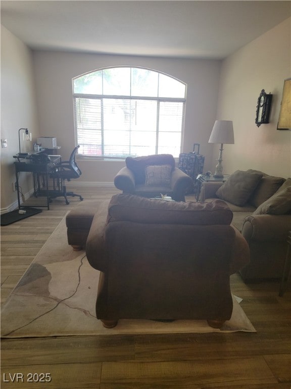 living room featuring wood finished floors and baseboards