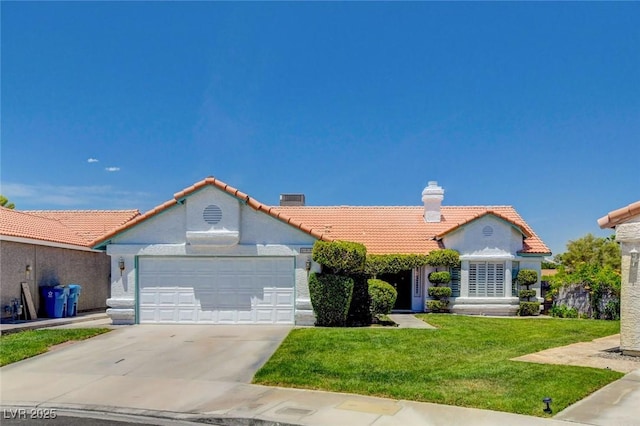 6432 Jean Lee Dr, Las Vegas, NV 89108 - view of front of house featuring a tiled roof, an attached garage, a front lawn, driveway, and a chimney