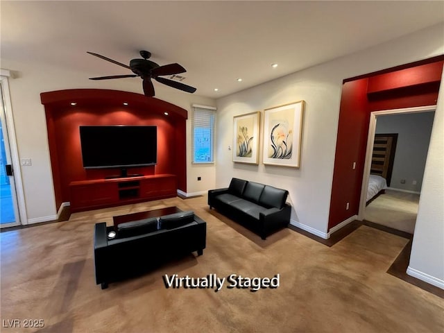 5019 Quiet Falls Ct, Las Vegas, NV 89141 - living area featuring a ceiling fan, carpet flooring, and recessed lighting
