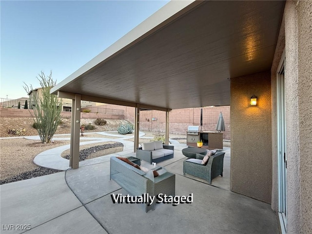 5019 Quiet Falls Ct, Las Vegas, NV 89141 - fenced backyard featuring a patio, grilling area, and an outdoor living space