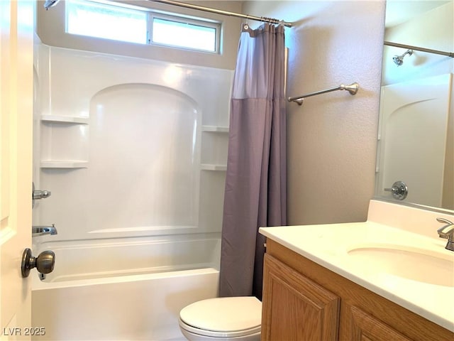 full bath featuring shower / tub combo with curtain, toilet, and vanity