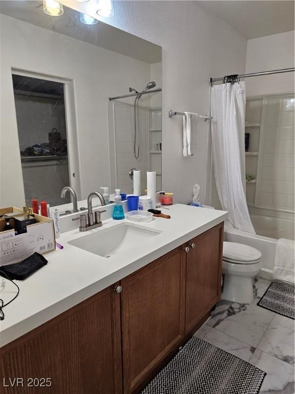 7461 Enviable Ct, Las Vegas, NV 89149 - bathroom featuring marble finish flooring, shower / bathtub combination with curtain, vanity, and toilet