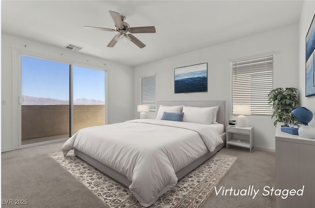 6854 Chargehand Ave, Las Vegas, NV 89156 - bedroom featuring light colored carpet, access to outside, ceiling fan, and baseboards