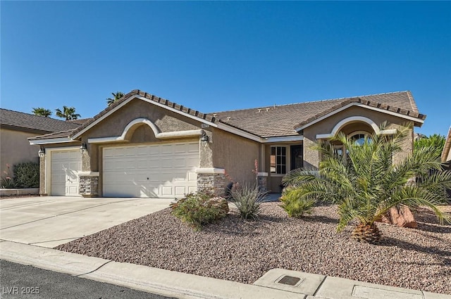 10212 Donald Weese Ct, Las Vegas, NV 89129 - ranch-style home featuring an attached garage, driveway, stucco siding, stone siding, and a tiled roof