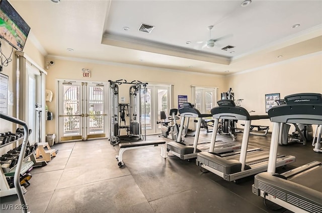 10212 Donald Weese Ct, Las Vegas, NV 89129 - workout area with healthy amount of natural light, a ceiling fan, french doors, a raised ceiling, and crown molding