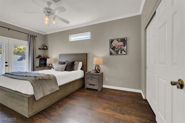 bedroom featuring access to outside, baseboards, dark wood-type flooring, crown molding, and french doors