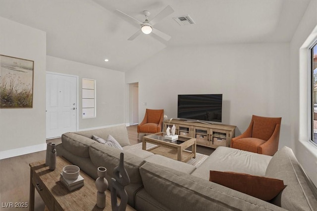 9552 Gold Bank Dr, Las Vegas, NV 89134 - living area with lofted ceiling, wood finished floors, and a ceiling fan