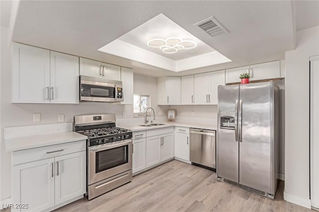 kitchen with stainless steel appliances, a raised ceiling, a sink, light wood-type flooring, and white cabinetry