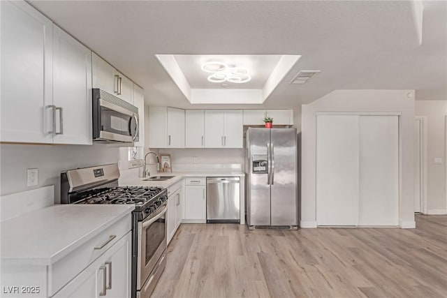 kitchen with appliances with stainless steel finishes, a sink, a raised ceiling, light wood-type flooring, and light countertops