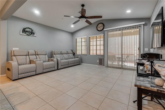 253 Kindly Way, Henderson, NV 89011 - living area with a ceiling fan, lofted ceiling, light tile patterned floors, baseboards, and recessed lighting