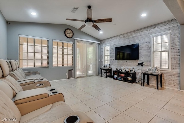 253 Kindly Way, Henderson, NV 89011 - living area with ceiling fan, light tile patterned flooring, lofted ceiling, baseboards, and recessed lighting