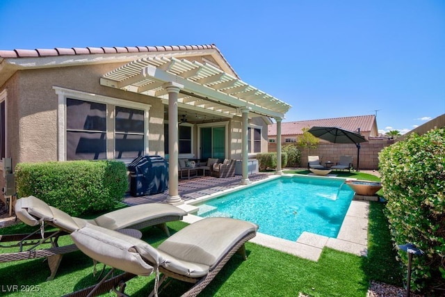 view of swimming pool featuring a pergola, an outdoor living space, a fenced backyard, and a patio area
