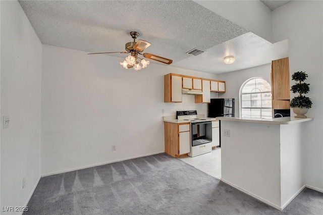 kitchen featuring range with electric cooktop, under cabinet range hood, a textured ceiling, light carpet, and a ceiling fan