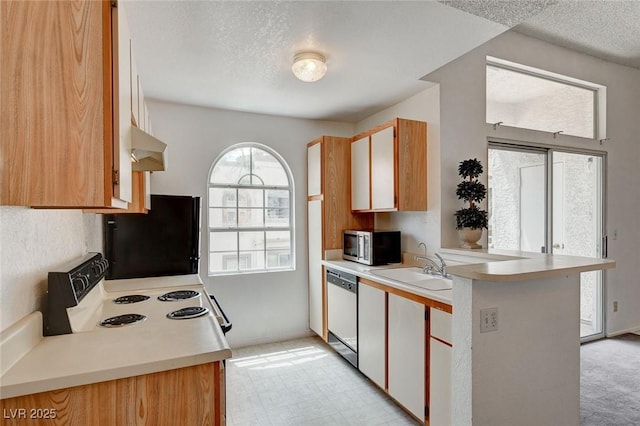 kitchen with dishwasher, stainless steel microwave, fridge, white electric range, and light countertops