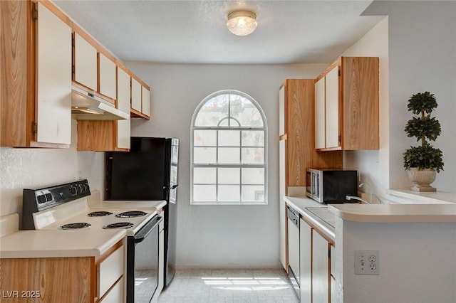 kitchen featuring appliances with stainless steel finishes, under cabinet range hood, light countertops, and a sink