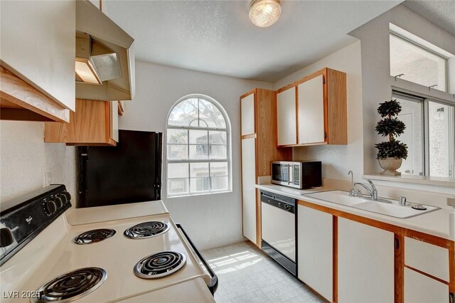 kitchen with dishwashing machine, stainless steel microwave, electric stove, a sink, and freestanding refrigerator