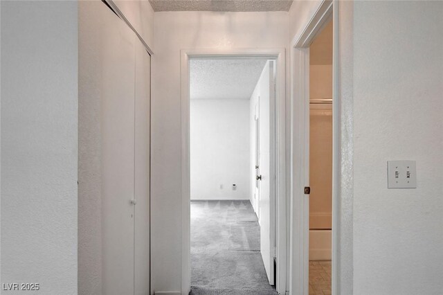 hallway featuring a textured ceiling, carpet, and a textured wall