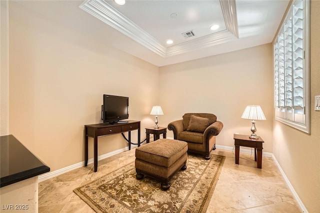 4552 Largo Cantata St, Las Vegas, NV 89135 - sitting room with crown molding, a raised ceiling, baseboards, and recessed lighting