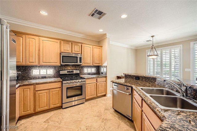 4552 Largo Cantata St, Las Vegas, NV 89135 - kitchen featuring stainless steel appliances, a sink, decorative backsplash, light brown cabinetry, and ornamental molding