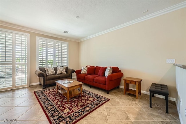 4552 Largo Cantata St, Las Vegas, NV 89135 - living room featuring crown molding, light tile patterned flooring, and baseboards