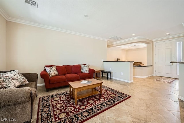 4552 Largo Cantata St, Las Vegas, NV 89135 - living room with ornamental molding, arched walkways, baseboards, and recessed lighting