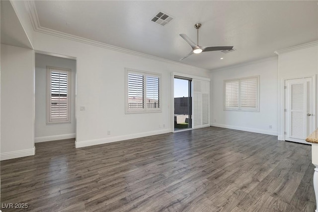 unfurnished living room featuring a ceiling fan, crown molding, dark wood-style flooring, and baseboards