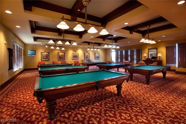 recreation room with carpet, billiards table, recessed lighting, baseboards, and beam ceiling