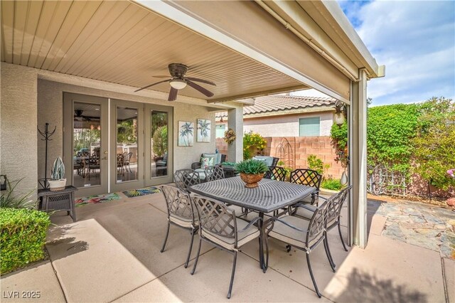 4419 Via Bianca Ave, Las Vegas, NV 89141 - view of patio / terrace with fence, french doors, outdoor dining space, and ceiling fan