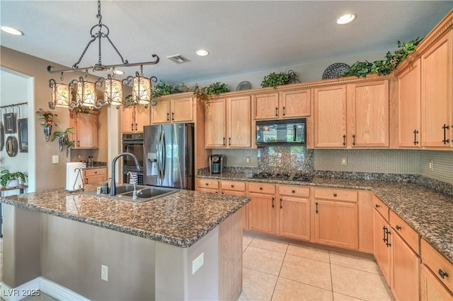 4419 Via Bianca Ave, Las Vegas, NV 89141 - kitchen with black appliances, a sink, tasteful backsplash, a center island with sink, and recessed lighting