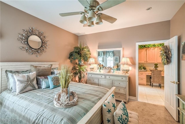 4419 Via Bianca Ave, Las Vegas, NV 89141 - bedroom featuring light carpet, a ceiling fan, and light tile patterned floors