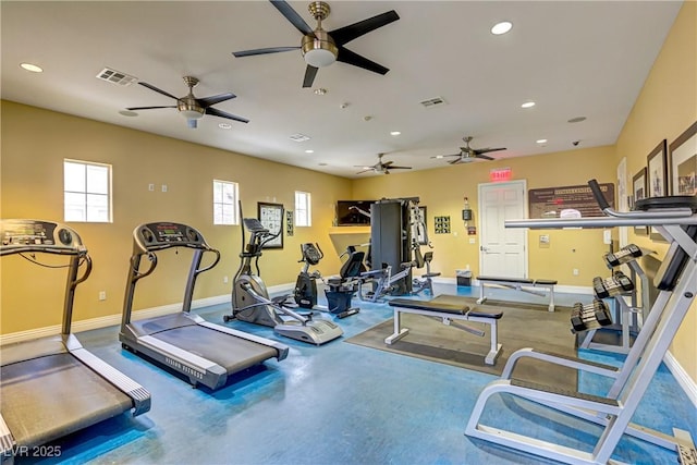 exercise room featuring recessed lighting, baseboards, and a ceiling fan