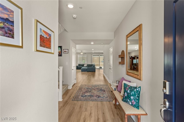 5449 Hickory Tree St, Las Vegas, NV 89149 - corridor with wood finished floors, recessed lighting, baseboards, and stairway