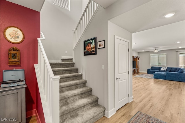 5449 Hickory Tree St, Las Vegas, NV 89149 - staircase featuring baseboards, wood finished floors, recessed lighting, and a ceiling fan