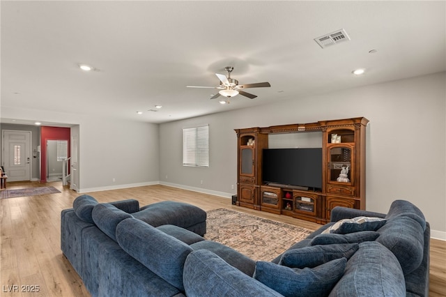 5449 Hickory Tree St, Las Vegas, NV 89149 - living area featuring ceiling fan, light wood-style floors, recessed lighting, and baseboards