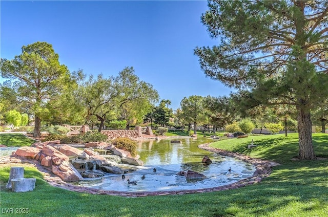 surrounding community featuring a yard and a small pond