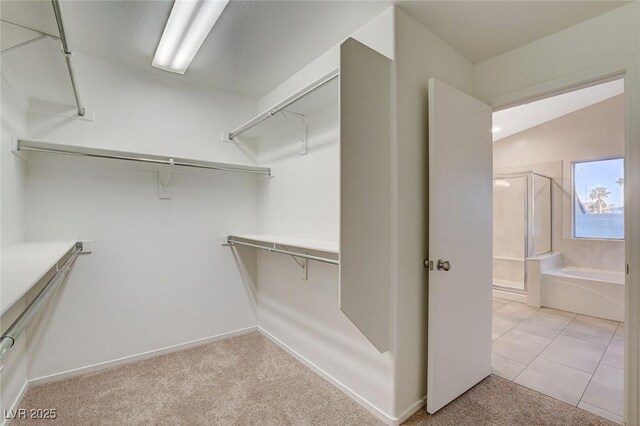 walk in closet with light carpet