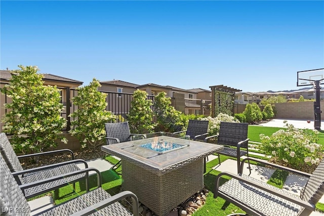 view of patio / terrace featuring a fenced backyard and a residential view