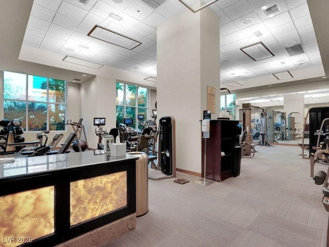 exercise room with light carpet, a drop ceiling, healthy amount of natural light, and baseboards