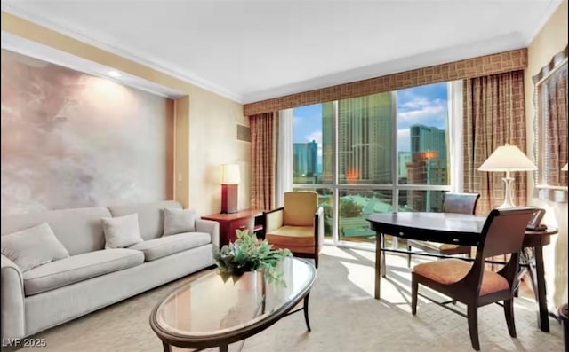 living room featuring a view of skyline, ornamental molding, and carpet