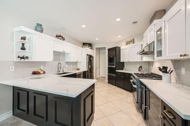 kitchen featuring under cabinet range hood, a sink, stainless steel appliances, decorative backsplash, and white cabinetry