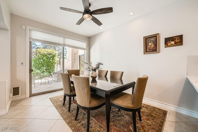 dining area featuring baseboards, a ceiling fan, light tile patterned flooring, and recessed lighting