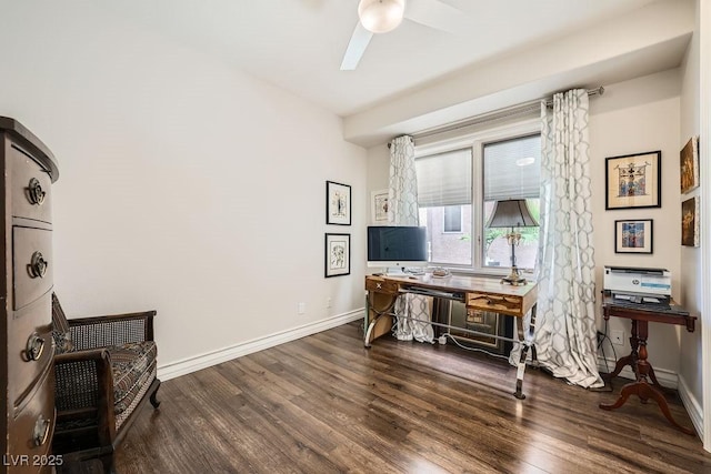 office with wood finished floors, a ceiling fan, and baseboards