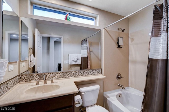 3712 Rocklin Peak Ave, North Las Vegas, NV 89081 - bathroom with shower / bathtub combination with curtain, toilet, vanity, and decorative backsplash