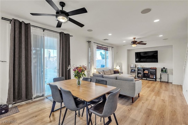 dining area with a ceiling fan, light wood-style floors, and recessed lighting